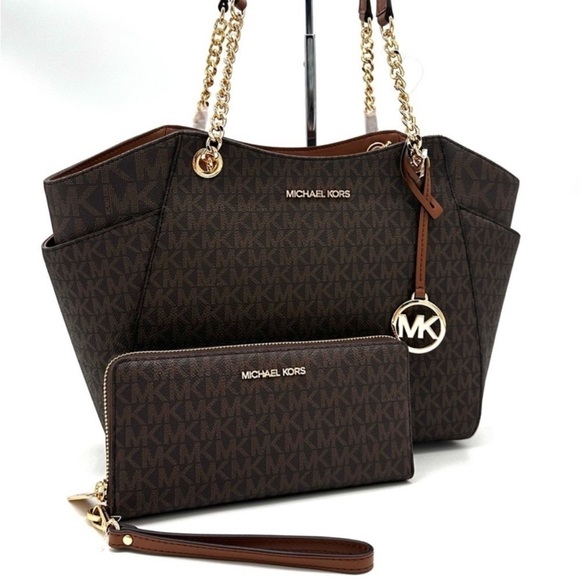 Michael Kors Large Jet Set Travel Chain Shoulder Bag & Continental Wallet Brown - Picture 5 of 15
